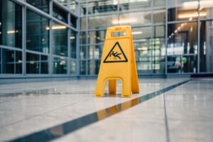 Yellow wet floor caution sign on tile floor inside modern office building lobby, representing slip and fall premises liability risk.